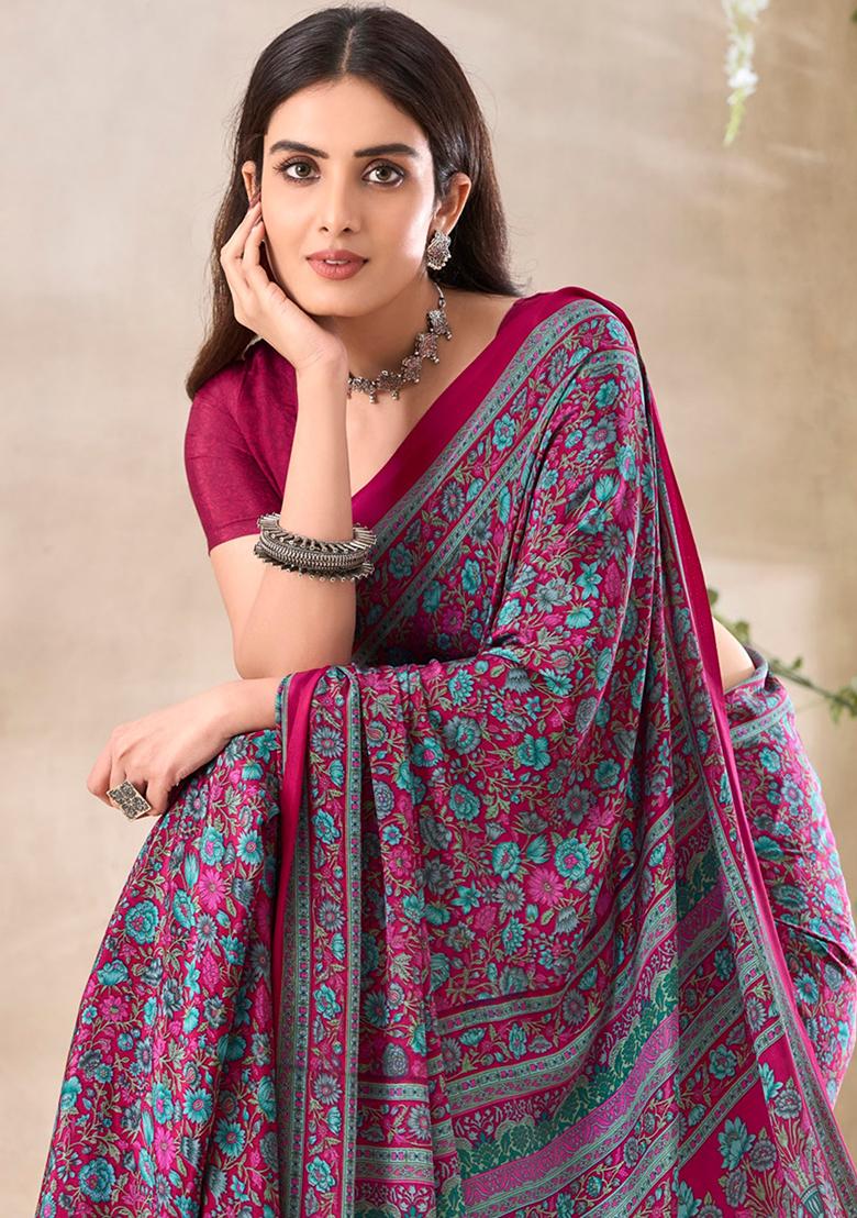 Pink Floral Print Crepe Saree Set