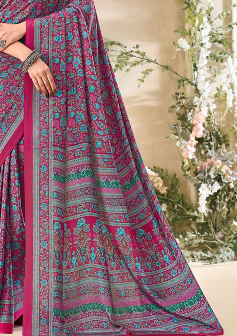 Pink Floral Print Crepe Saree Set for Diwali and Festive Wear - Indya