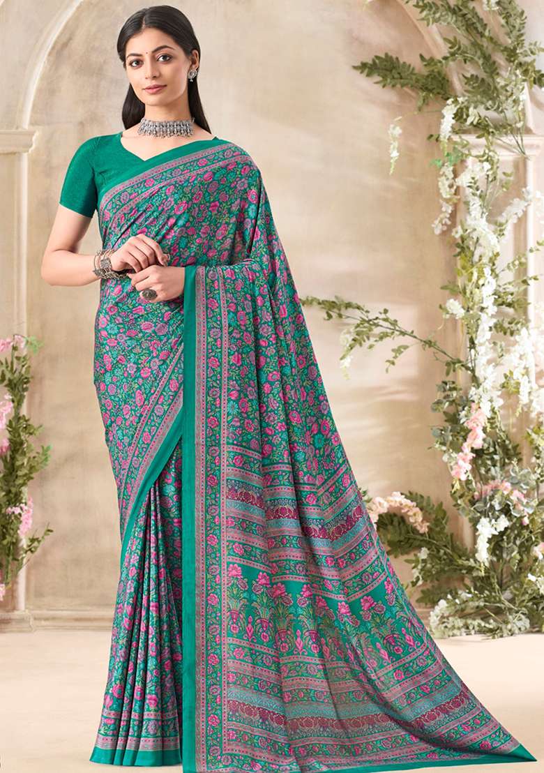 Green Crepe Saree Set with Floral Print for Diwali | Wedding & Festive Wear - Indya