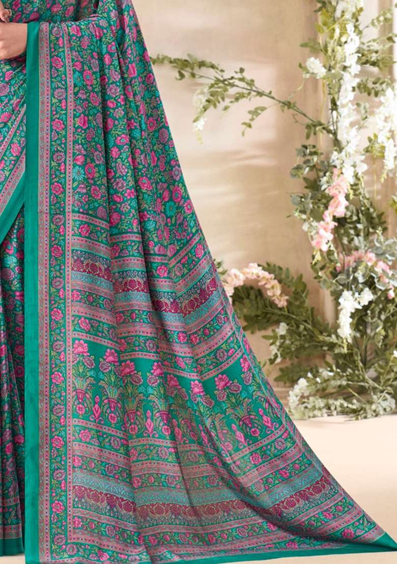 Green Crepe Saree Set with Floral Print for Diwali | Wedding & Festive Wear - Indya