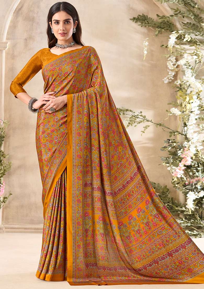 Mustard Yellow Crepe Saree Set with Floral Print for Diwali | Wedding & Festive Wear - Indya