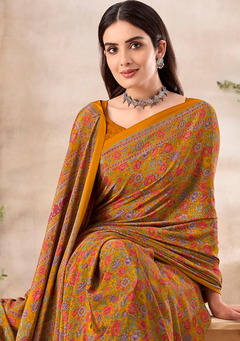 Mustard Yellow Floral Print Crepe Saree Set
