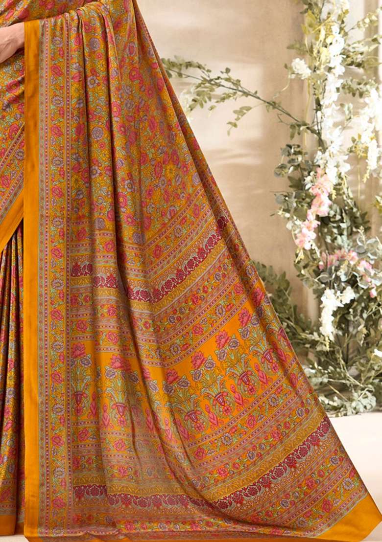 Mustard Yellow Crepe Saree Set with Floral Print for Diwali | Wedding & Festive Wear - Indya