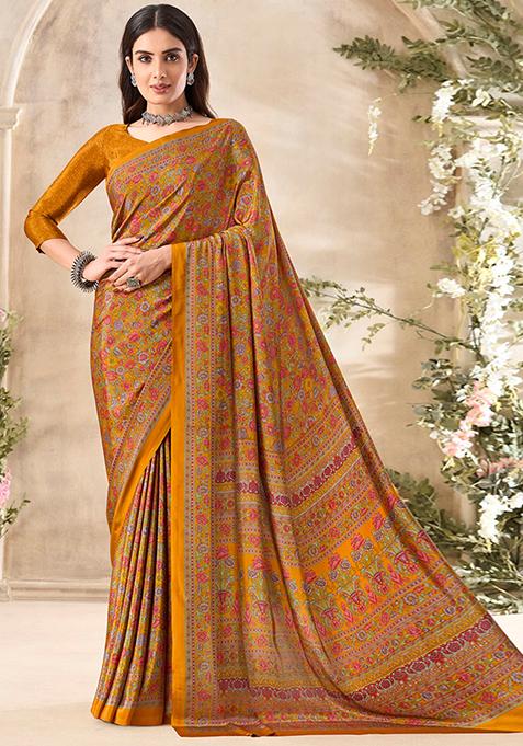 Mustard Yellow Floral Print Crepe Saree Set