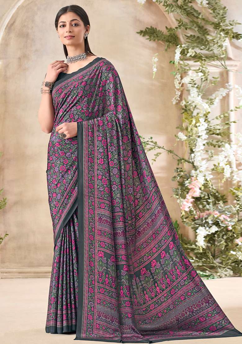 Grey Floral Print Crepe Saree Set for Diwali and Festive Wear - Indya