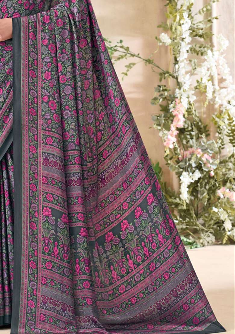 Grey Floral Print Crepe Saree Set for Diwali and Festive Wear - Indya