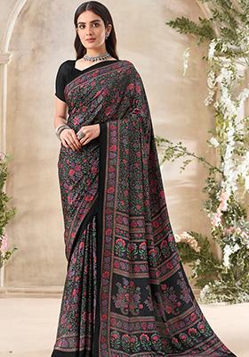 Black Floral Print Crepe Saree Set