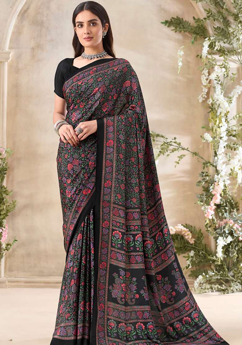 Black Floral Print Crepe Saree Set for Diwali and Festive Wear - Indya
