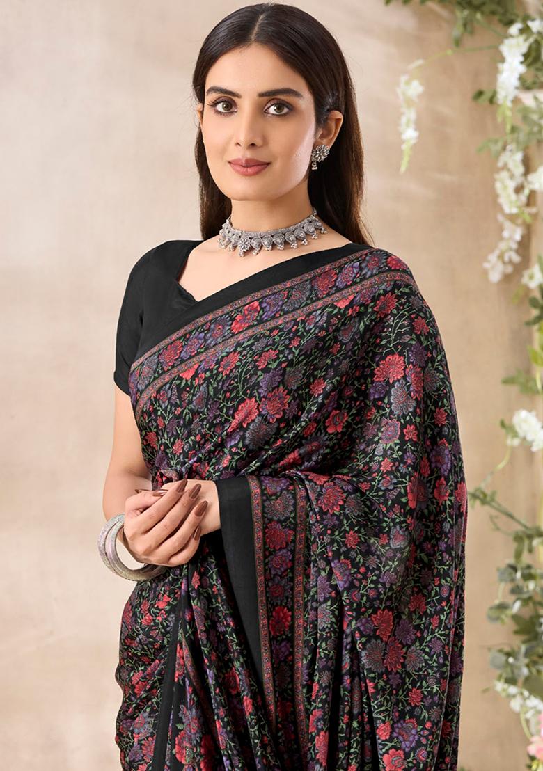 Black Floral Print Crepe Saree Set