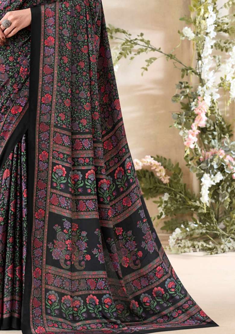 Black Floral Print Crepe Saree Set for Diwali and Festive Wear - Indya