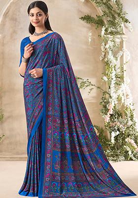 Blue Floral Print Crepe Saree Set