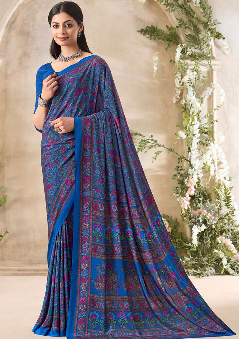 Blue Floral Print Crepe Saree Set for Diwali and Festive Wear - Indya