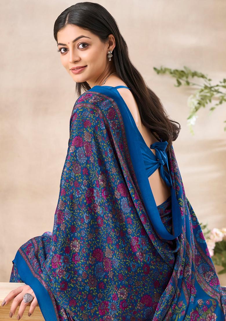 Blue Floral Print Crepe Saree Set
