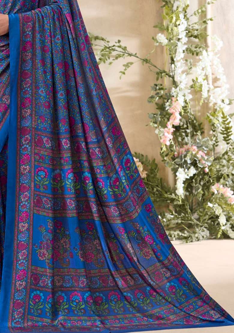 Blue Floral Print Crepe Saree Set for Diwali and Festive Wear - Indya