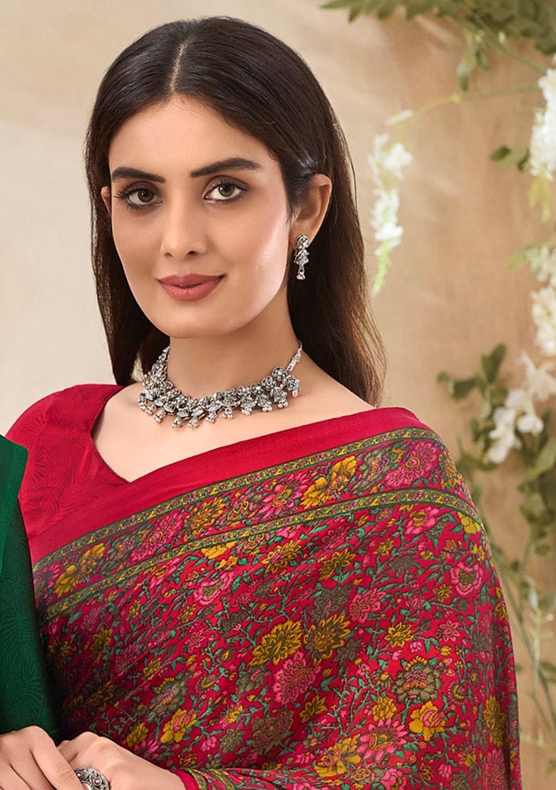 Red Floral Print Crepe Saree Set