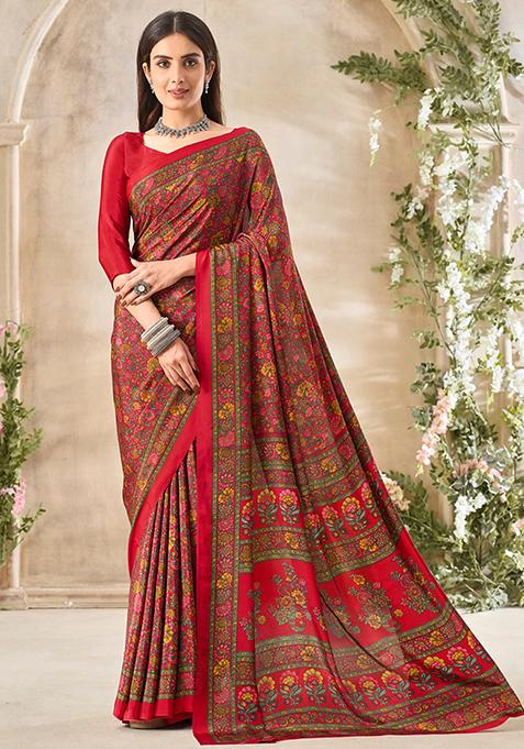 Red Floral Print Crepe Saree Set