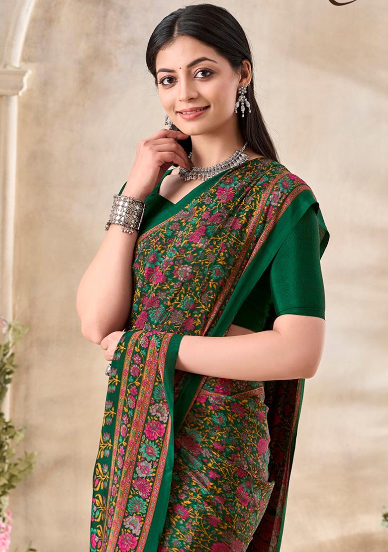 Green Floral Print Crepe Saree Set