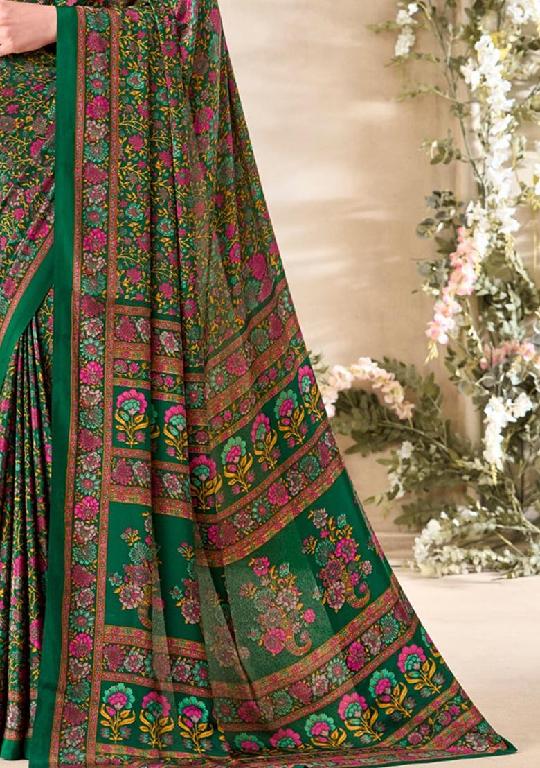 Green Floral Print Crepe Saree Set