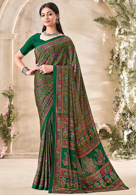 Green Floral Print Crepe Saree Set