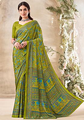 Mehendi Green Floral Print Crepe Saree Set