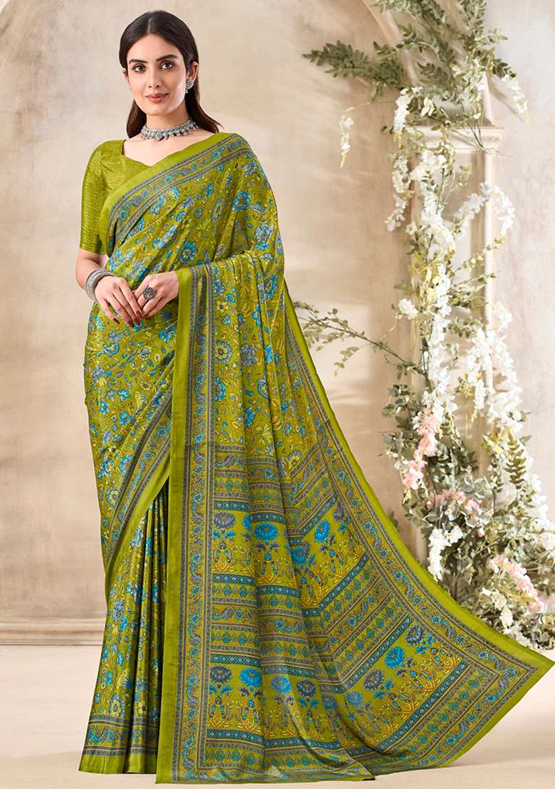 Mehendi Green Floral Print Crepe Saree Set for Diwali and Festive Wear - Indya