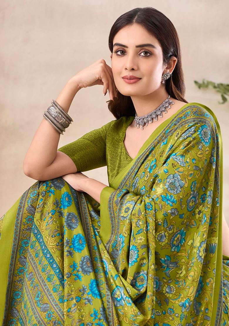 Mehendi Green Floral Print Crepe Saree Set