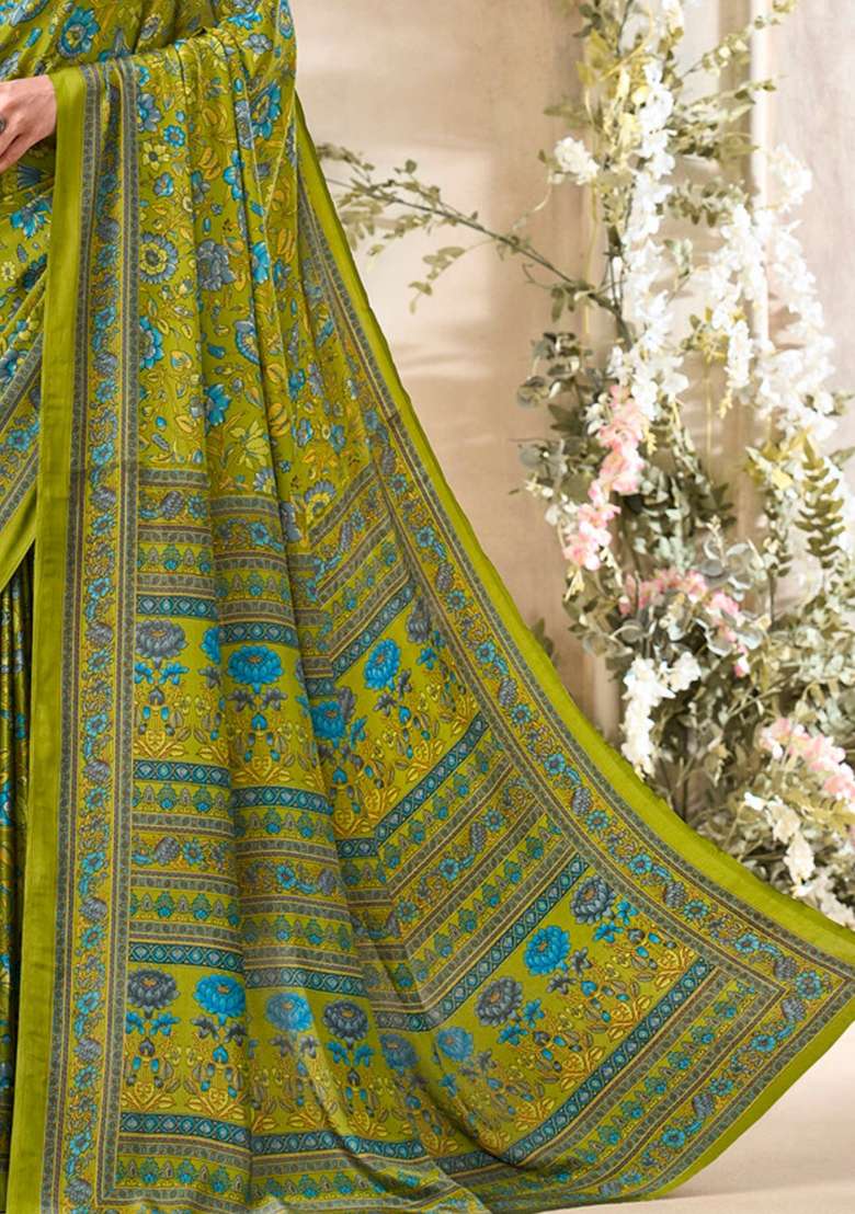 Mehendi Green Floral Print Crepe Saree Set for Diwali and Festive Wear - Indya