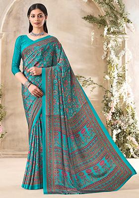 Turquoise Floral Print Crepe Saree Set