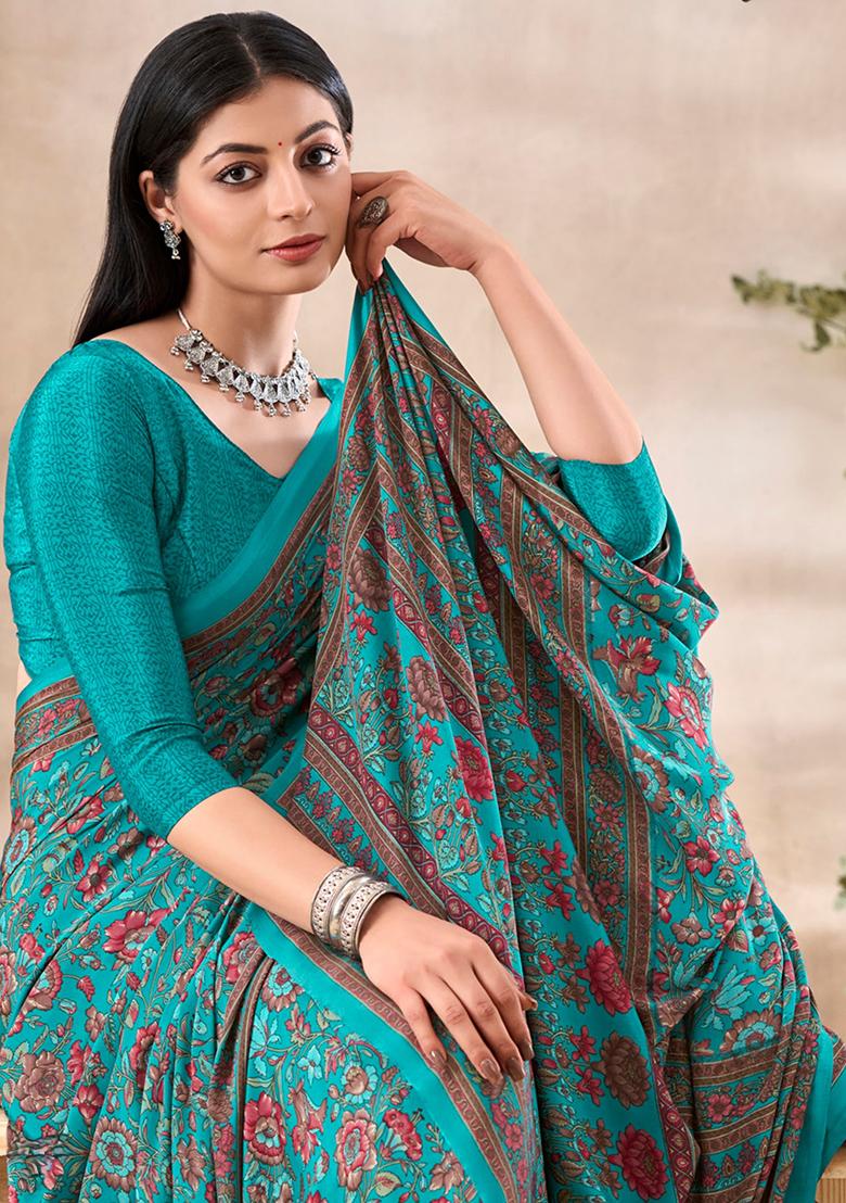 Turquoise Floral Print Crepe Saree Set