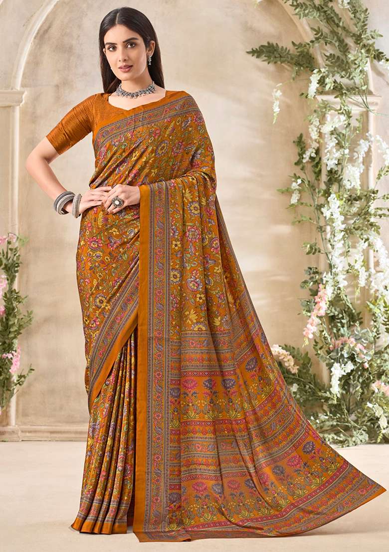 Golden Floral Print Crepe Saree Set - Indya