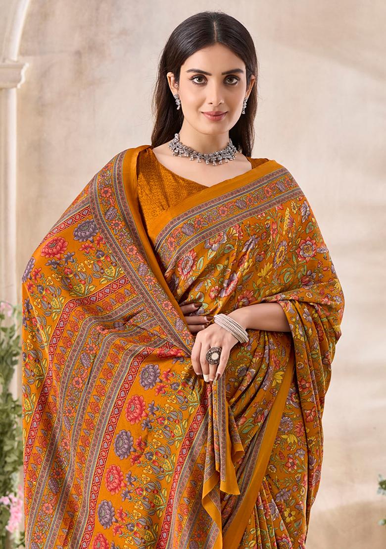 Golden Floral Print Crepe Saree Set