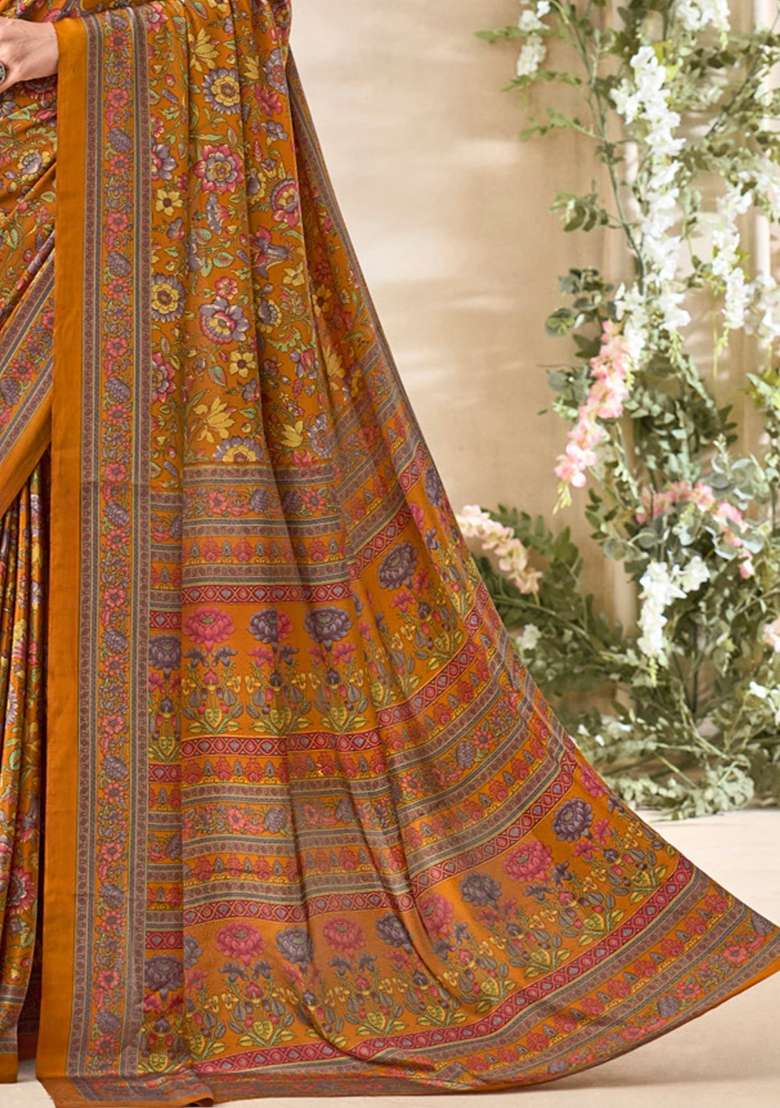 Golden Floral Print Crepe Saree Set - Indya