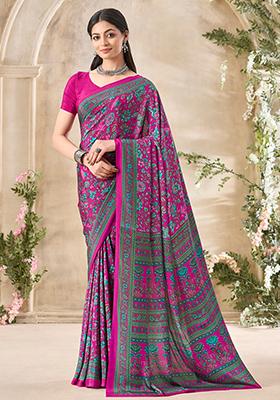 Pink Floral Print Crepe Saree Set