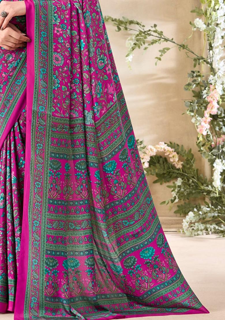 Pink Floral Print Crepe Saree Set