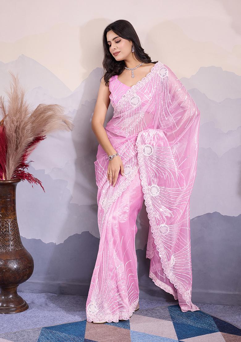 Pink Embroidered Net Saree Set