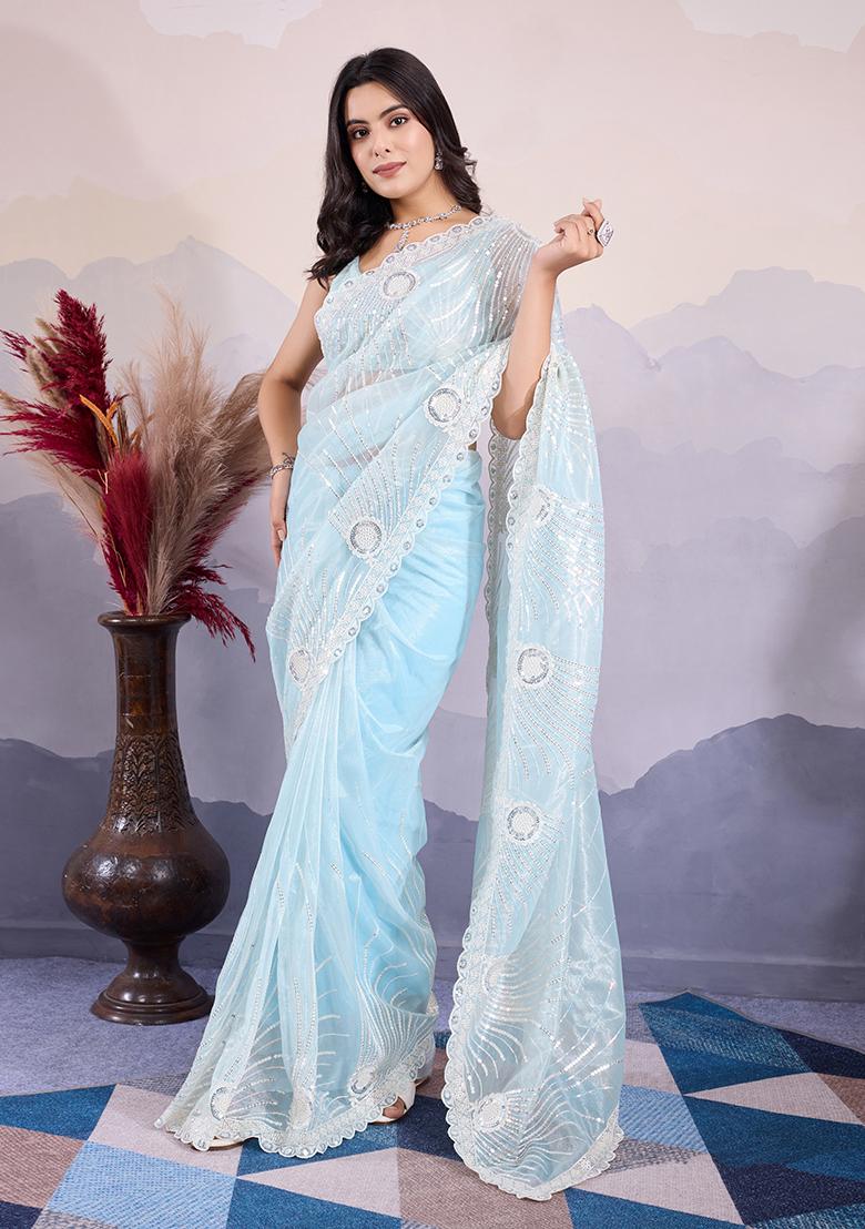 Firozi Blue Embroidered Net Saree Set