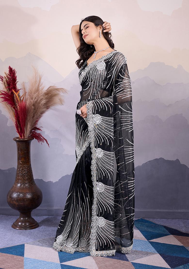 Black Embroidered Net Saree Set