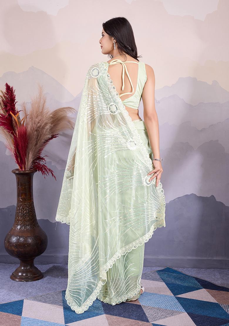 Pista Green Embroidered Net Saree Set