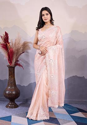 Orange Embroidered Net Saree Set