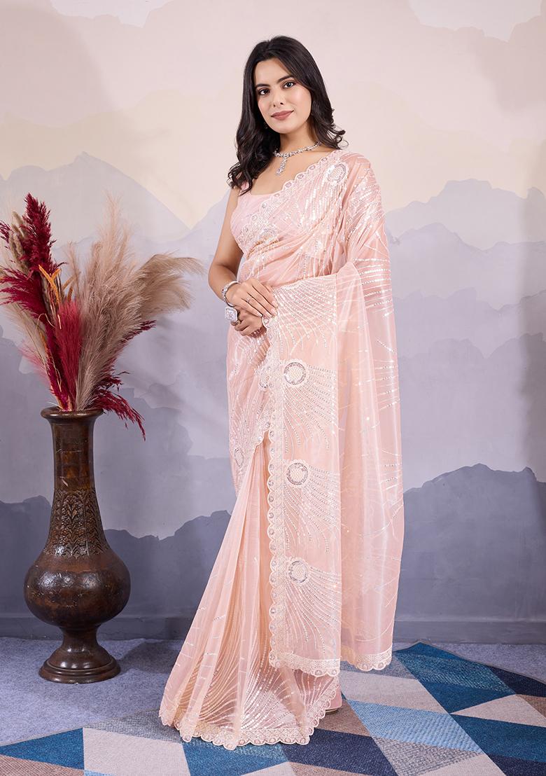 Orange Embroidered Net Saree Set