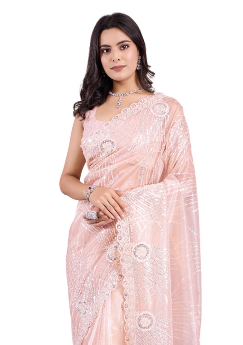 Orange Embroidered Net Saree Set