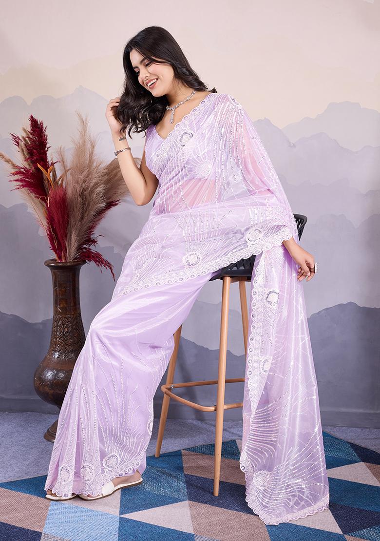 Purple Embroidered Net Saree Set
