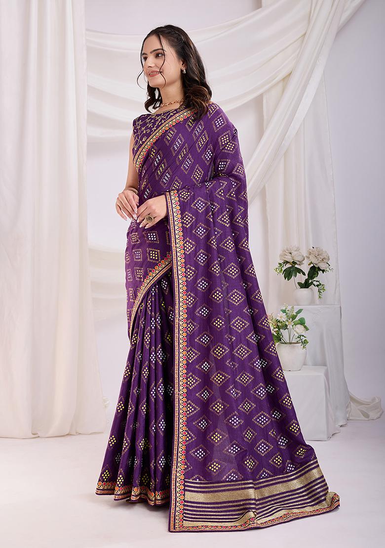 Lavender Embroidered Vichitra Saree Set