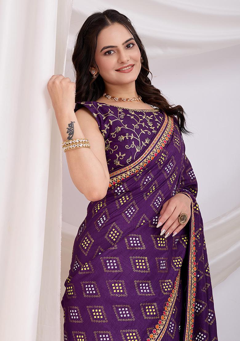 Lavender Embroidered Vichitra Saree Set