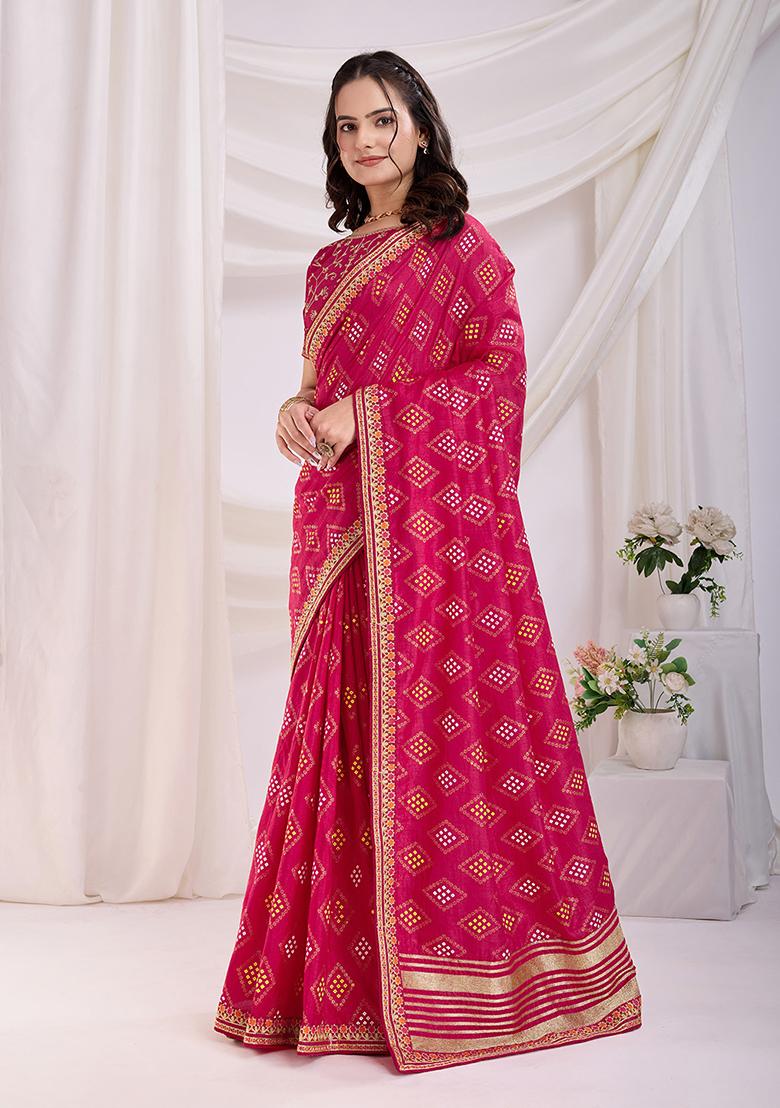 Rani Pink Embroidered Vichitra Saree Set
