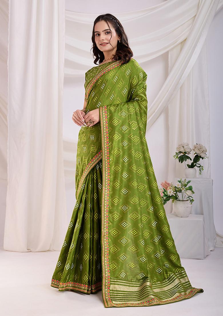 Lime Green Embroidered Vichitra Saree Set