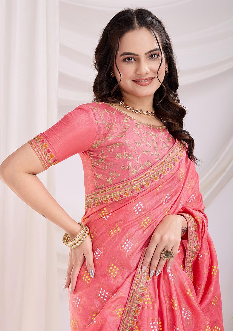 Baby Pink Embroidered Vichitra Saree Set