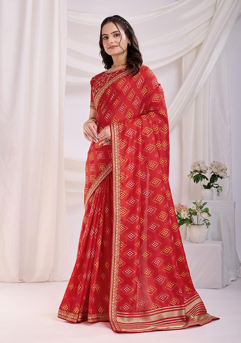 Red Embroidered Vichitra Saree Set