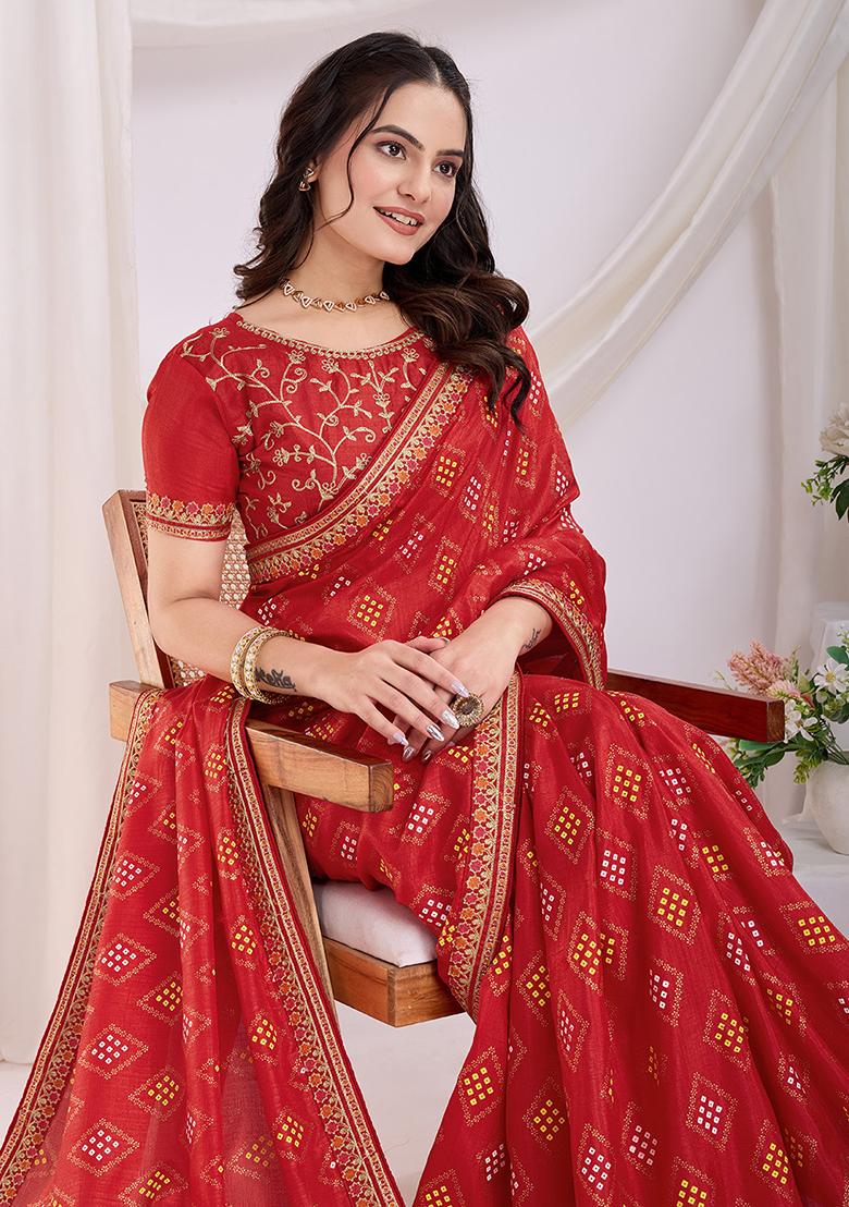 Red Embroidered Vichitra Saree Set