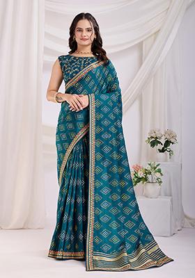 Teal Blue Embroidered Vichitra Saree Set
